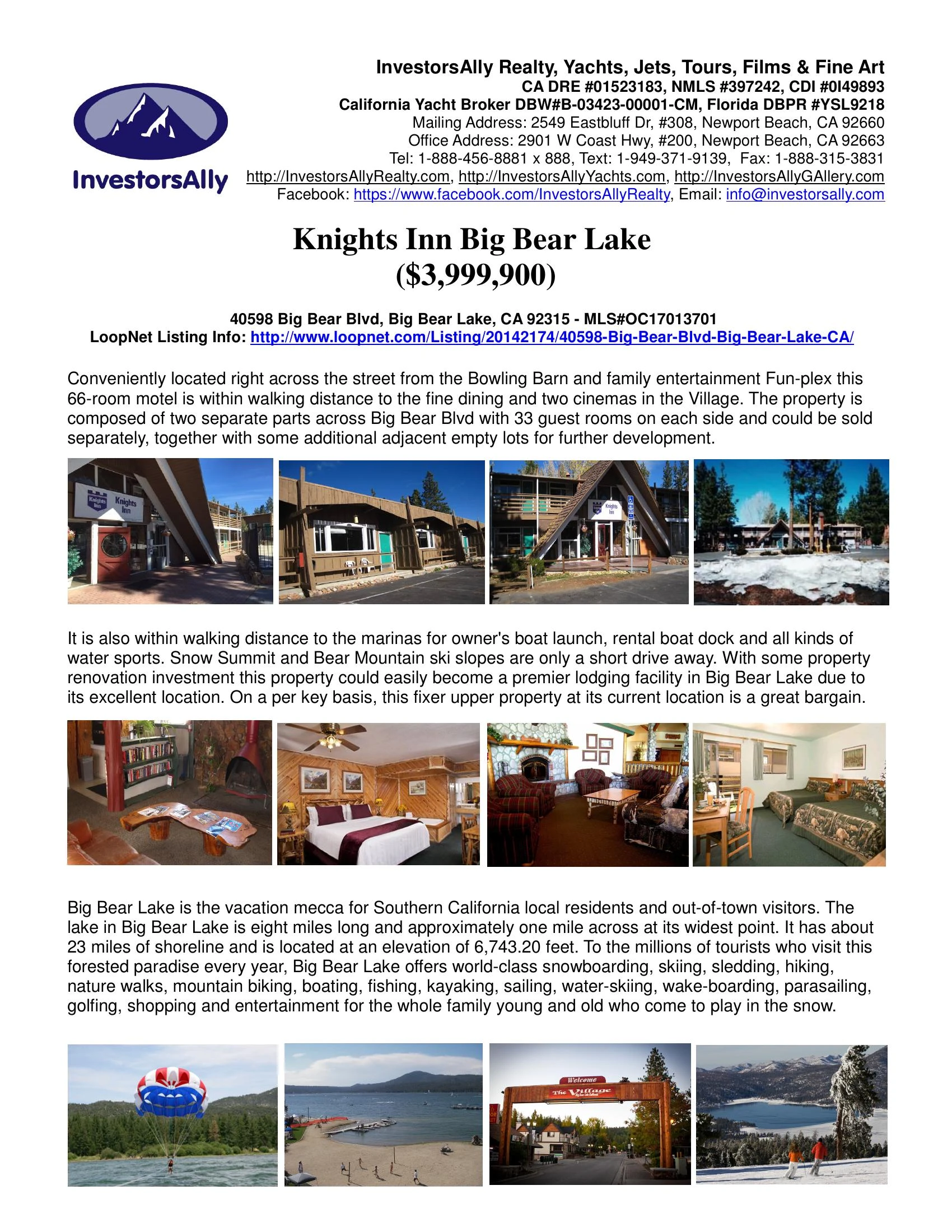 Original brochure for The 66-room Knights Inn Hotel on about two flat acres within walking distance to the Village, to the shore and marinas in Big Bear Lake