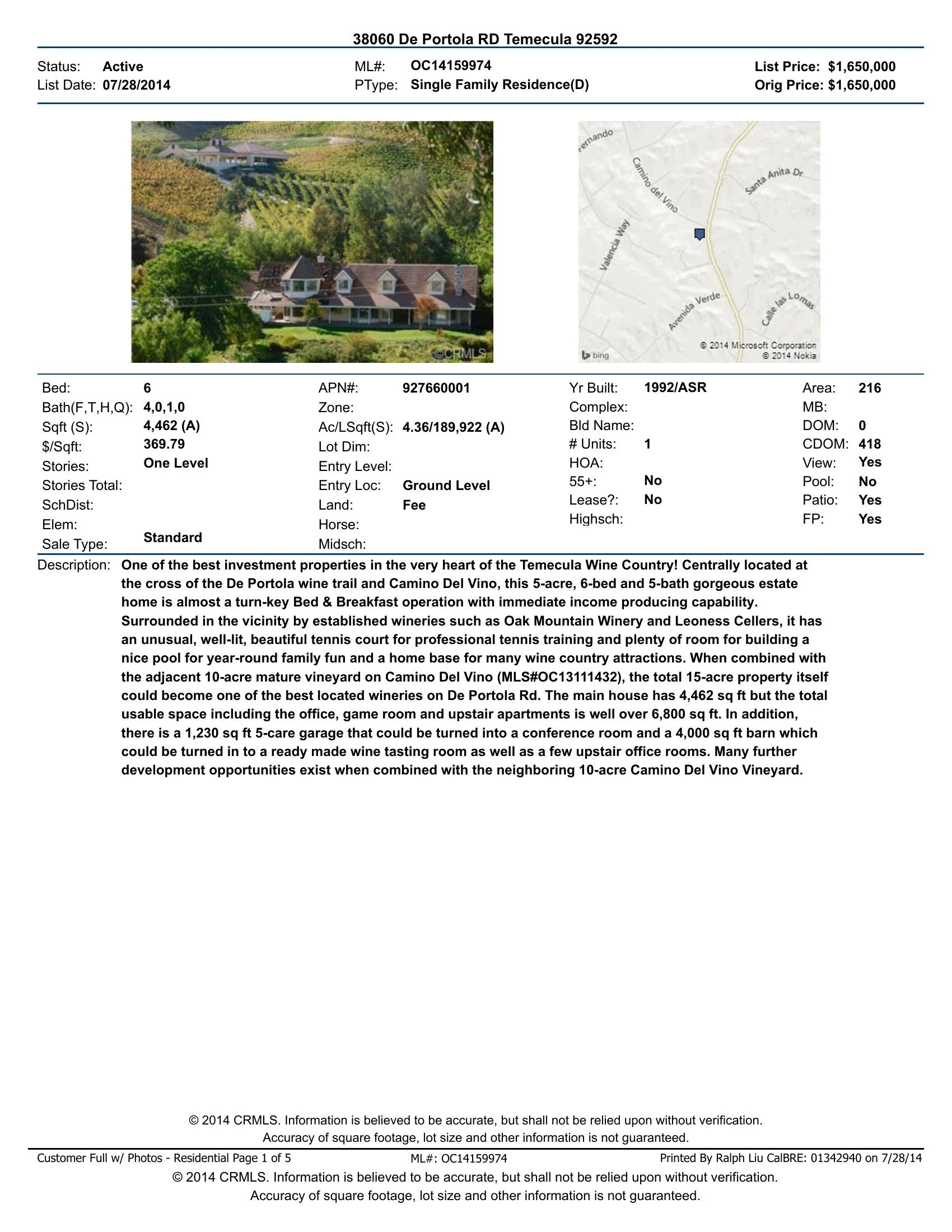 Original brochure for 5-acre, 6-bed and 5-bath Gorgeous Estate Home with a Tennis Court
