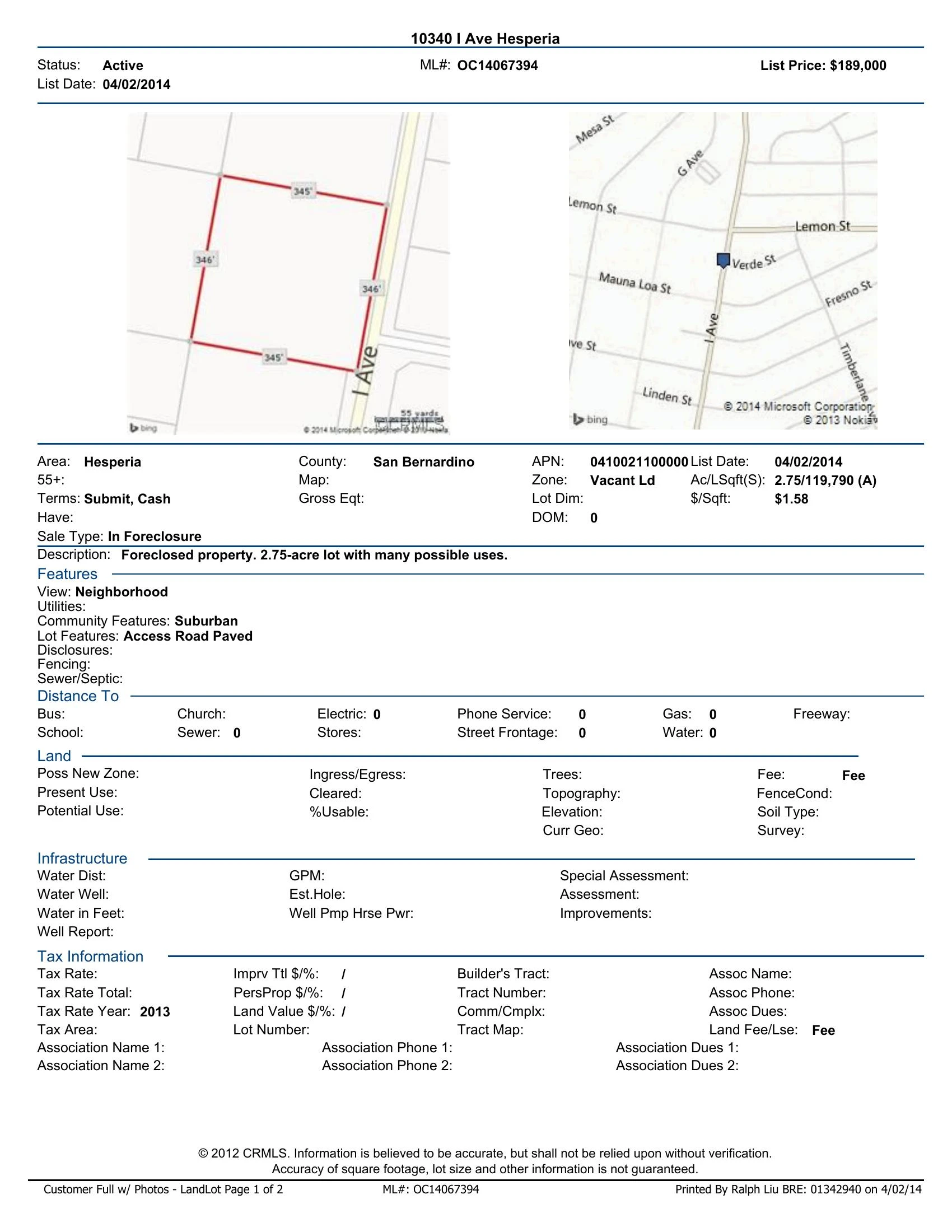 Original brochure for Foreclosed 2.75-acre Multi-purpose Lot in Hesperia, CA