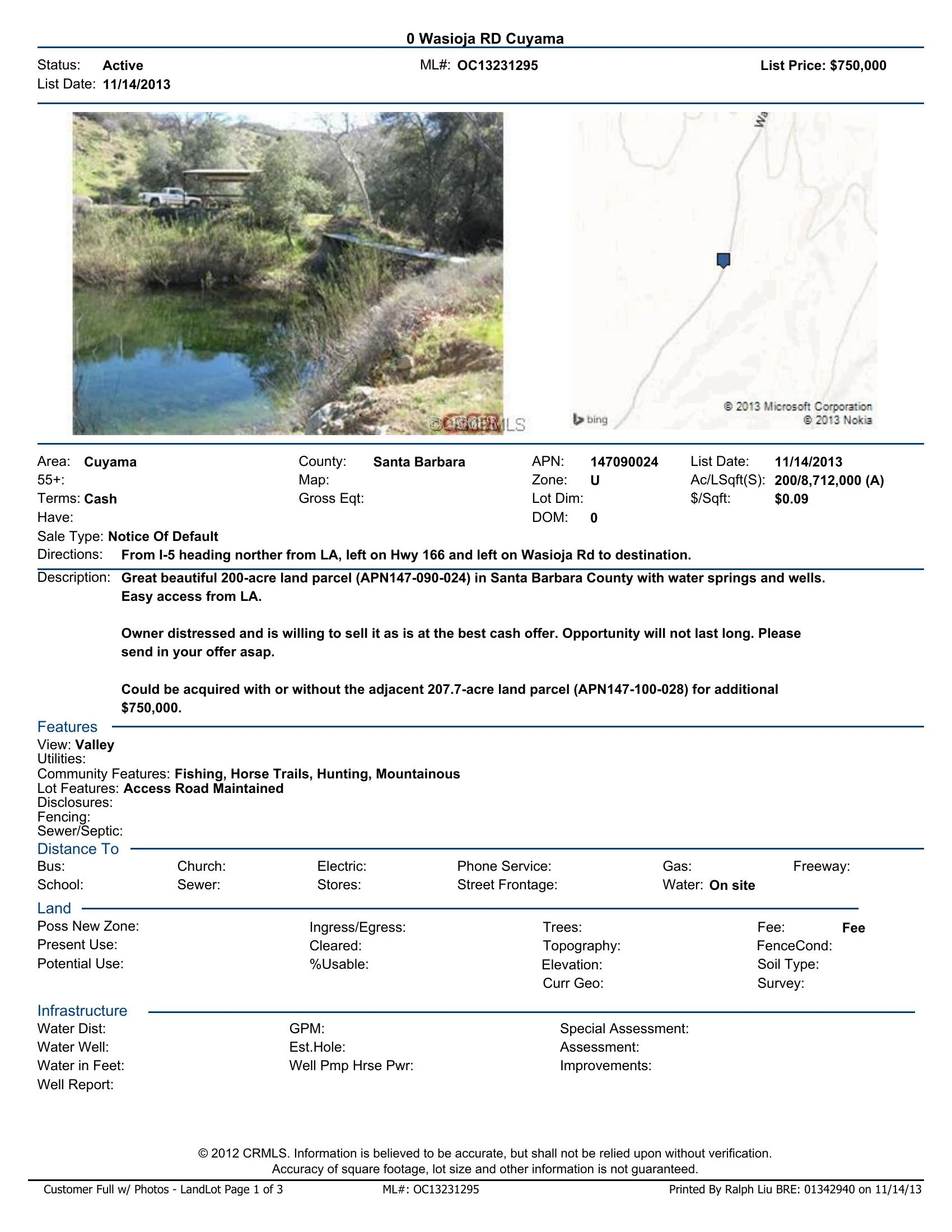 Original brochure for Two 200-acre Agricultural Land Parcels in Santa Barbara County