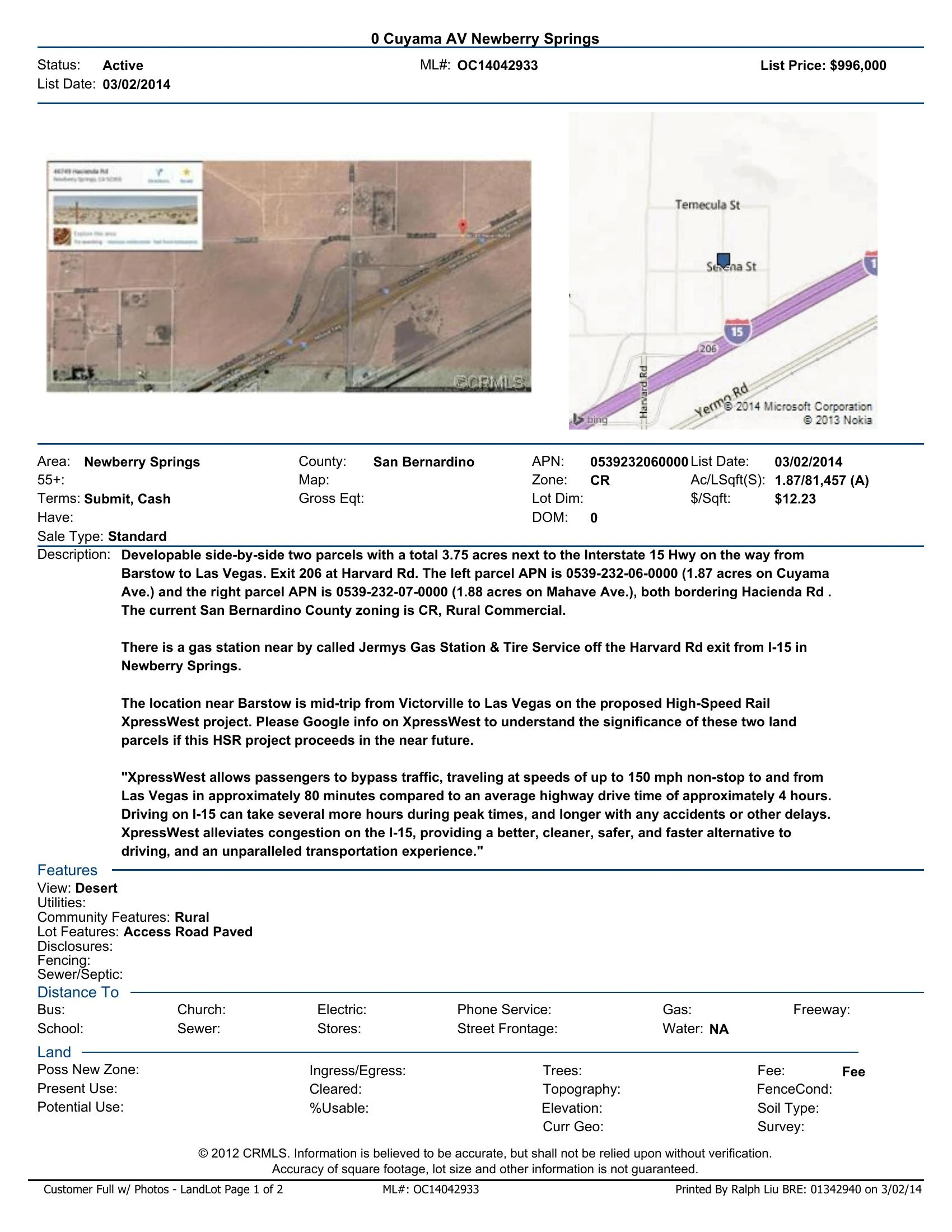 Original brochure for 3.75-acres of Commercially Developable Two Side-by-Side Parcels in Newberry Springs off I-15 (near Barstow)