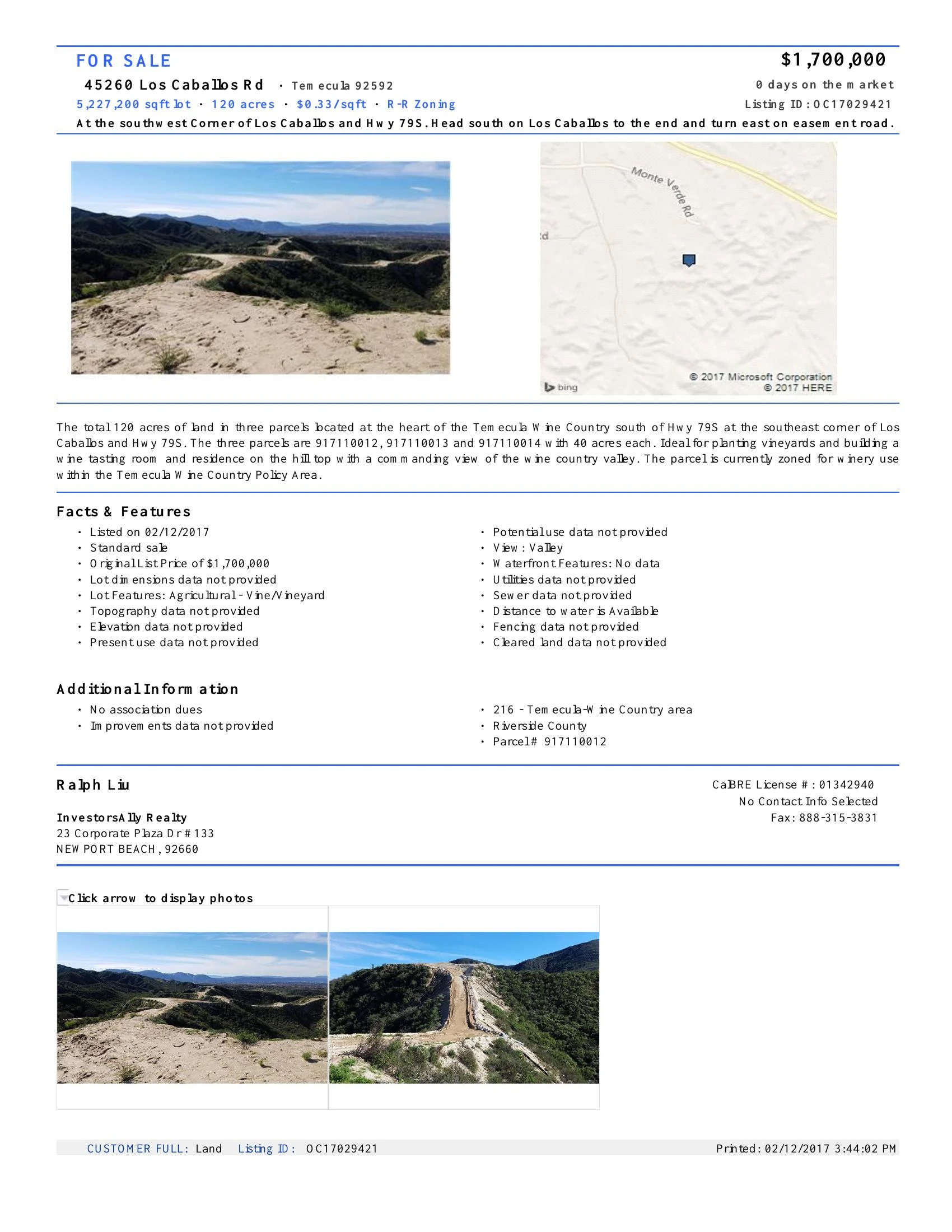 Original brochure for 120 acres of winery use land in Temecula