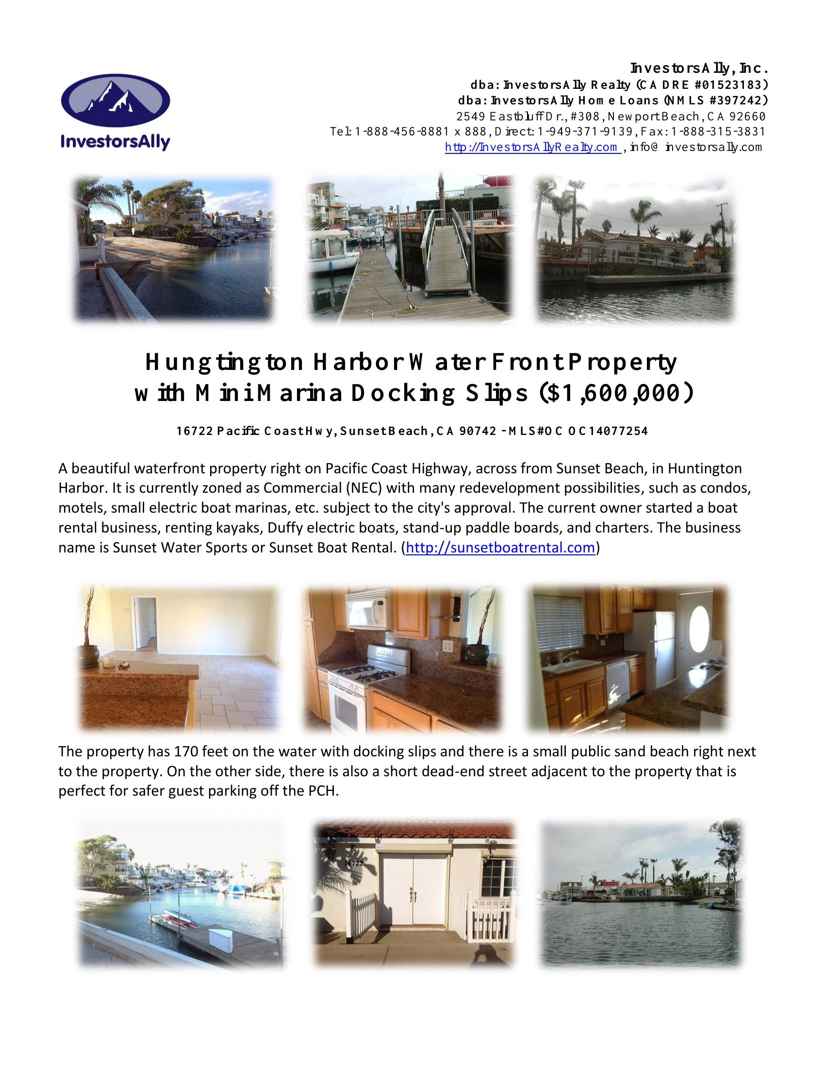 Original brochure for Sunset Beach Water Front Commercial Property with Docking Marina & Boat/SUP Rental Business in Huntington Harbor