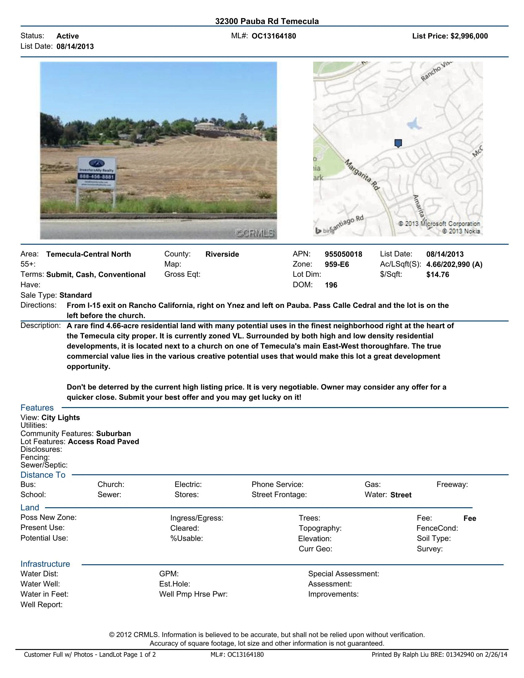 Original brochure for 4-acre Prime Land Parcel on Pauba Rd in Temecula City with Many Potential Uses