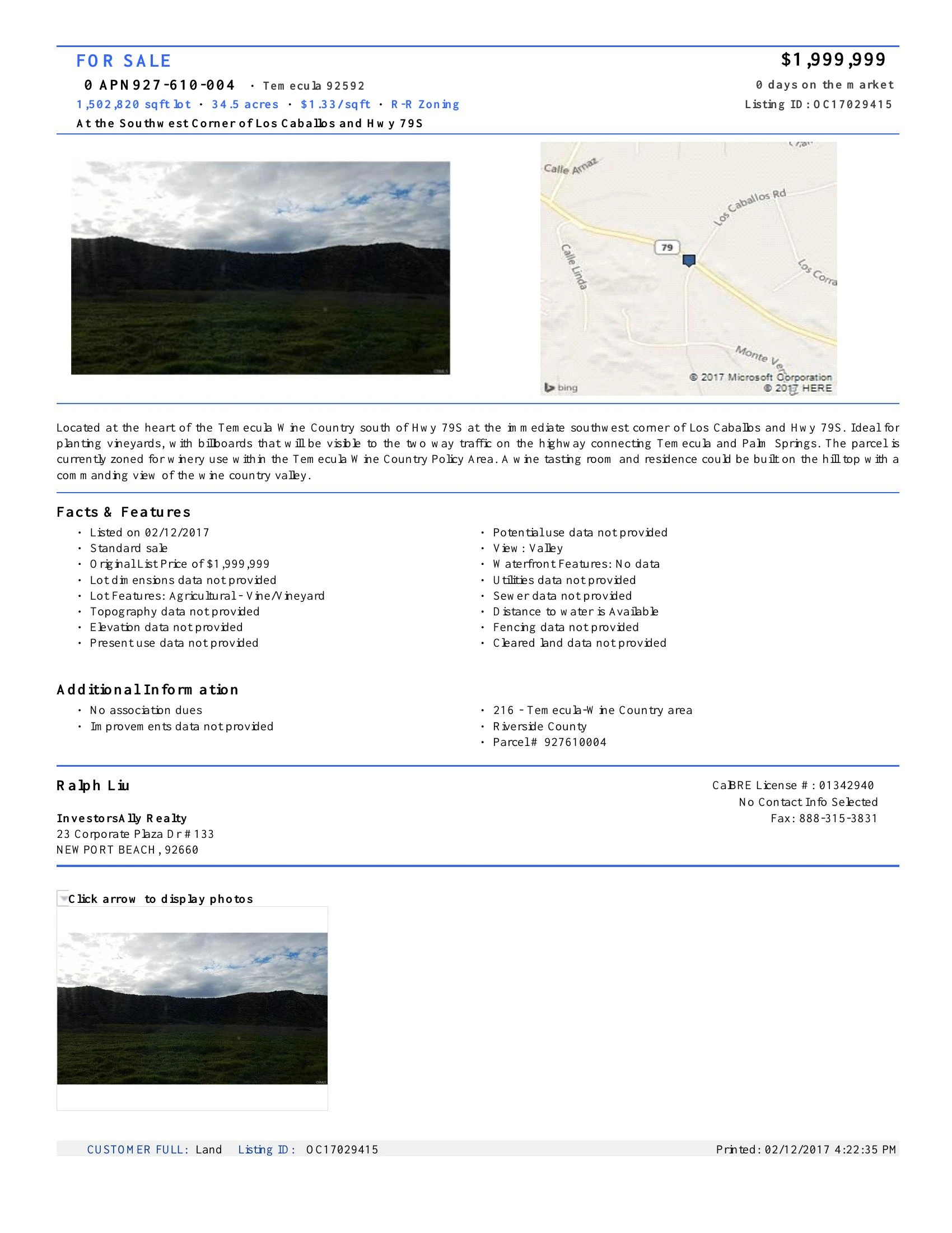 Original brochure for 34.5 acres of winery land in Temecula