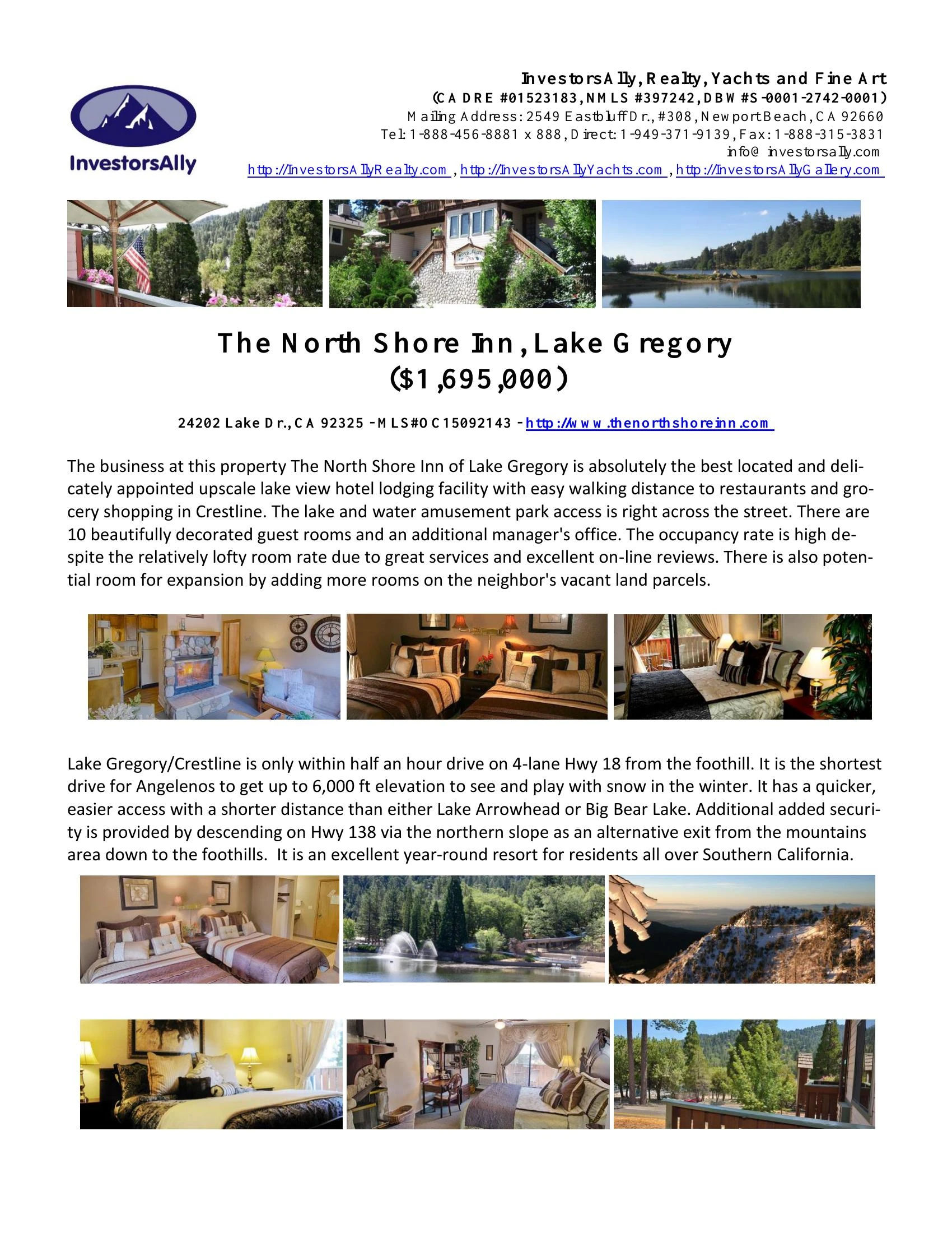 Original brochure for North Shore Inn -10-room Beautiful Boutique Hotel in Lake Gregory