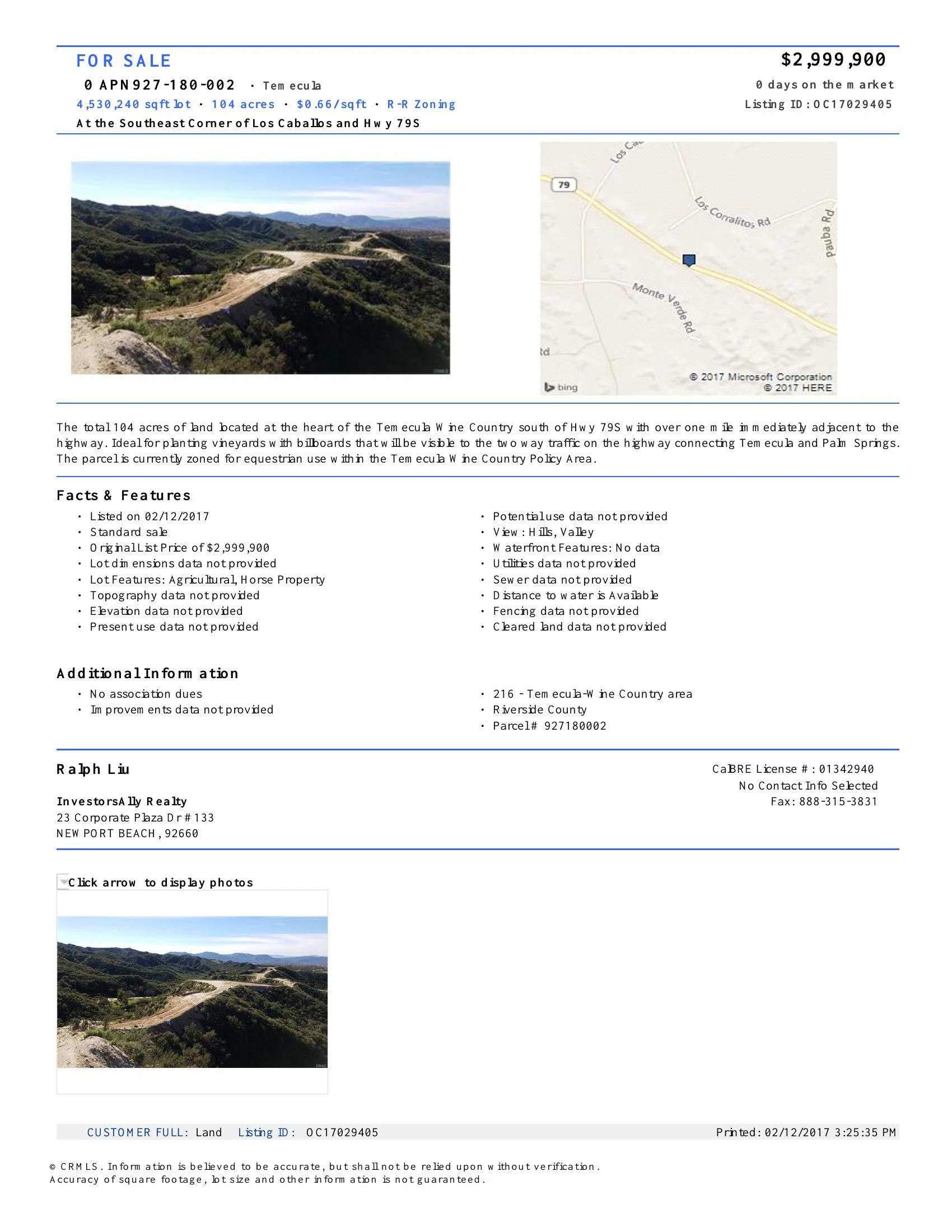 Original brochure for 104 acres equestrain land in Temecula Wine Country