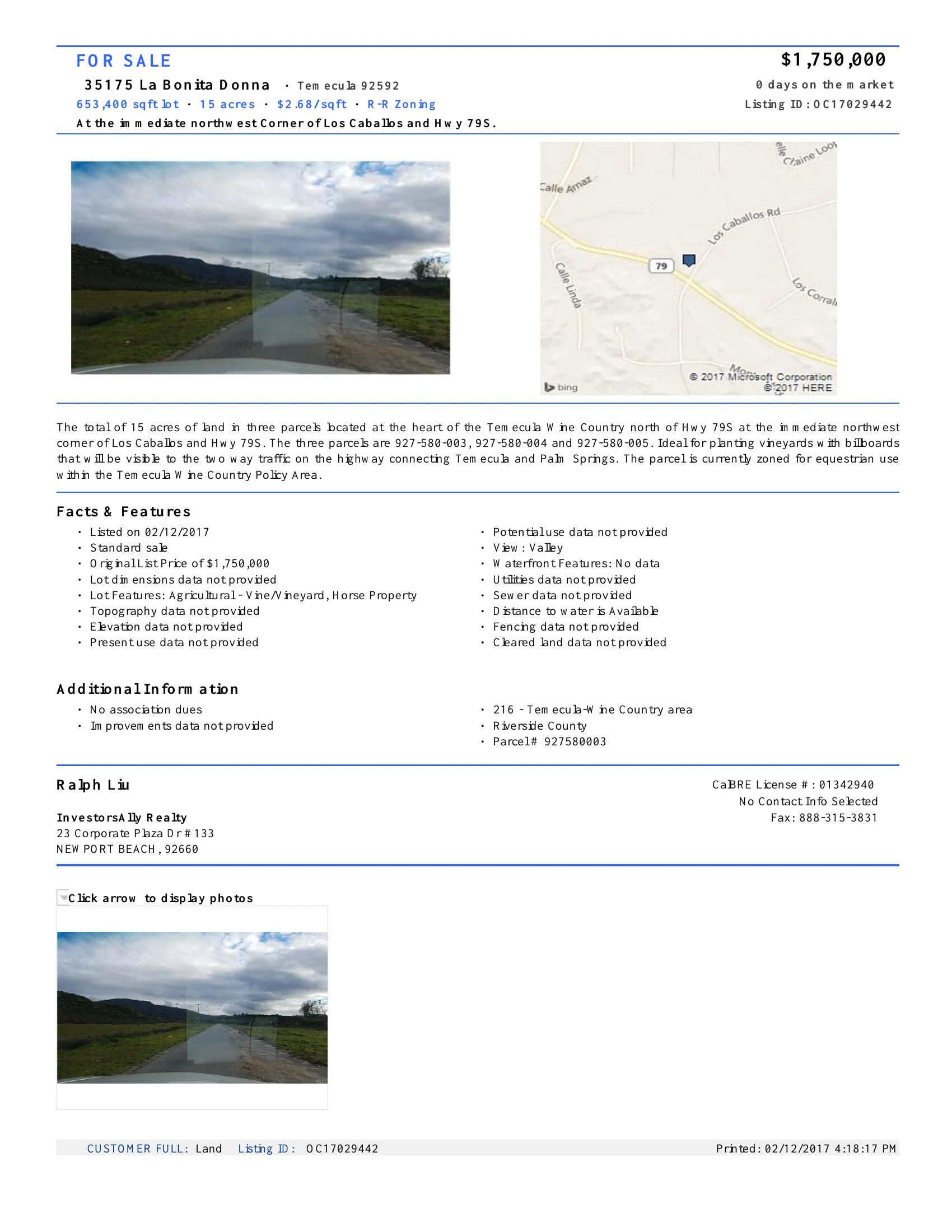 Original brochure for 15 acres of horse property land in Temecula