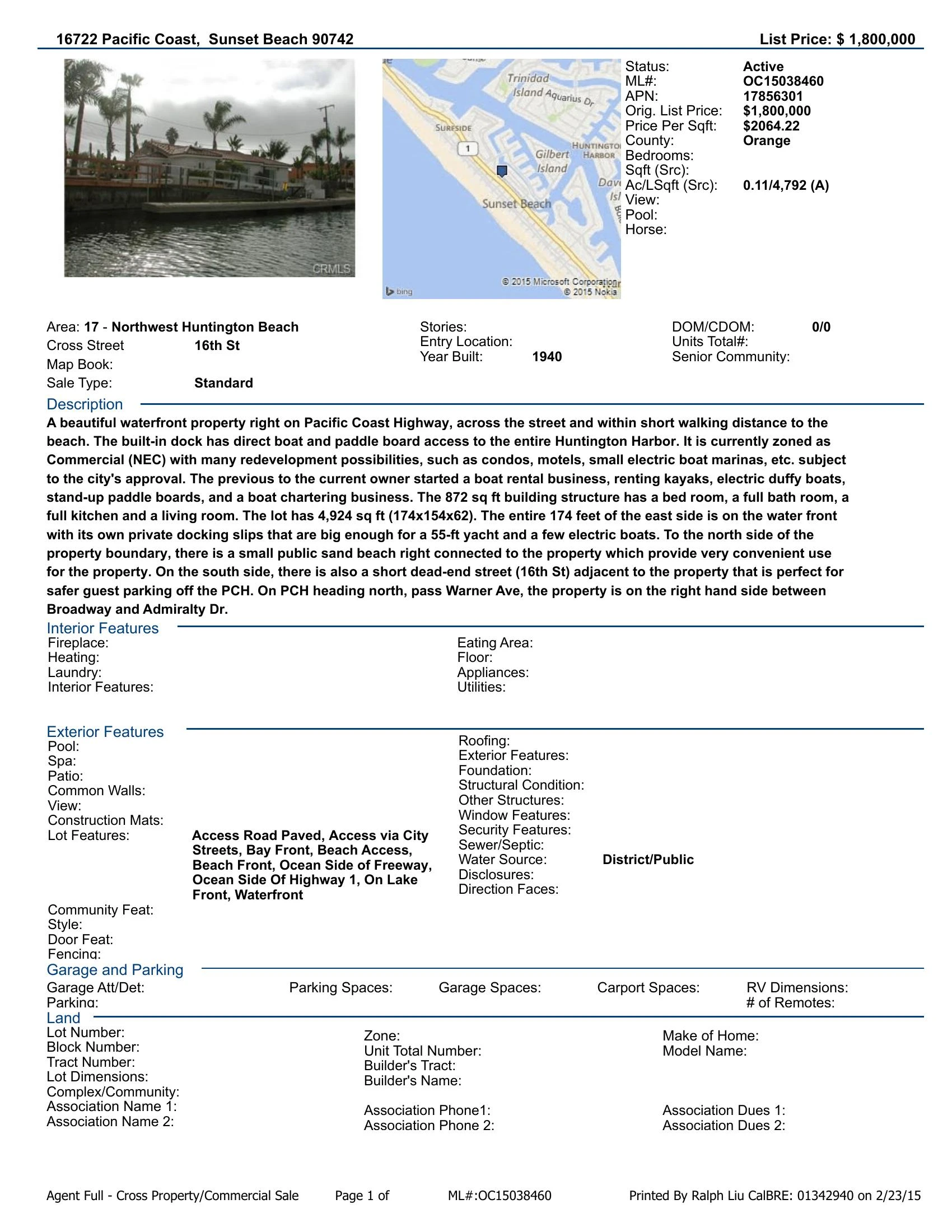 Original brochure for Mixed use retail/office water front property with dock slips in Sunset Beach