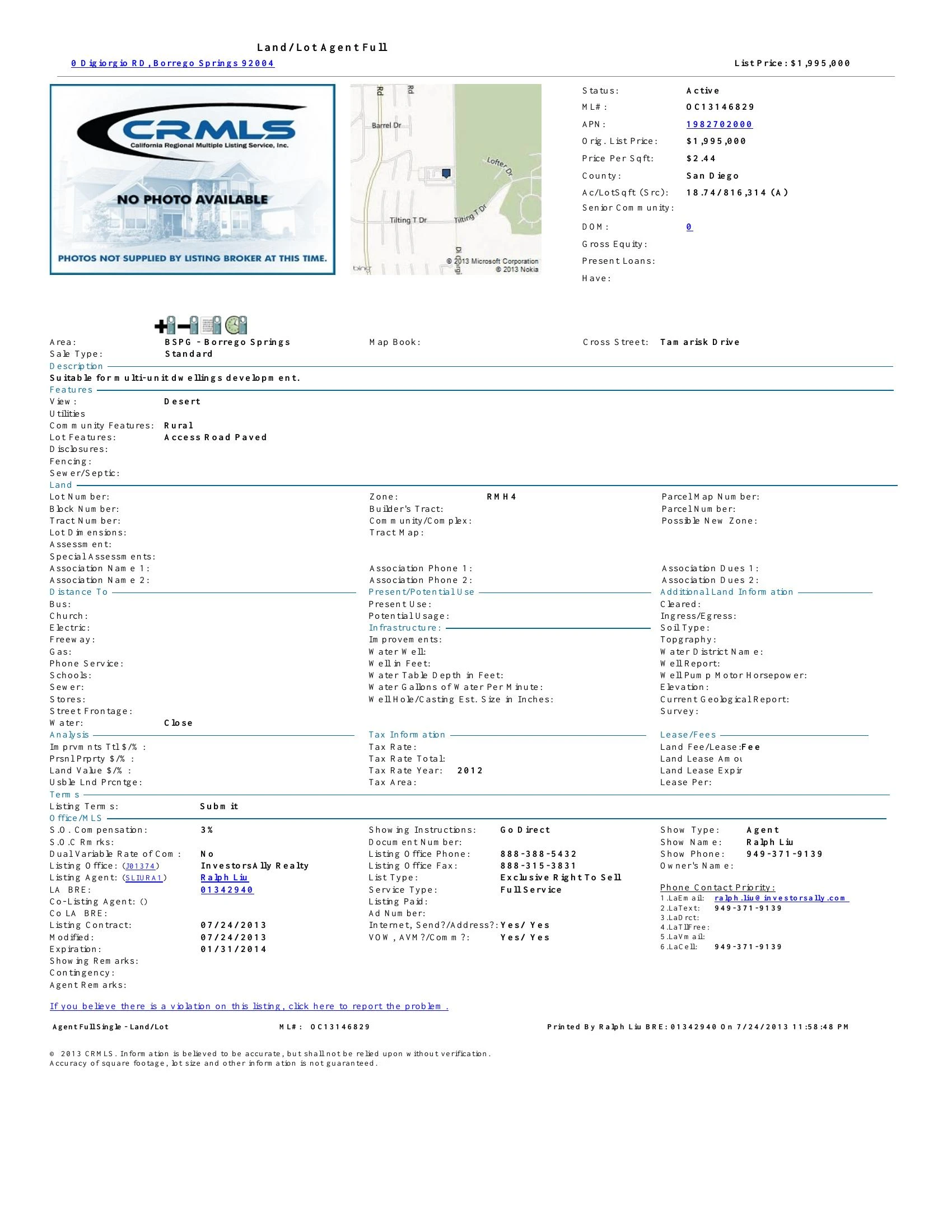 Original brochure for 20-acre Land Parcel in Borrego Springs, San Diego County