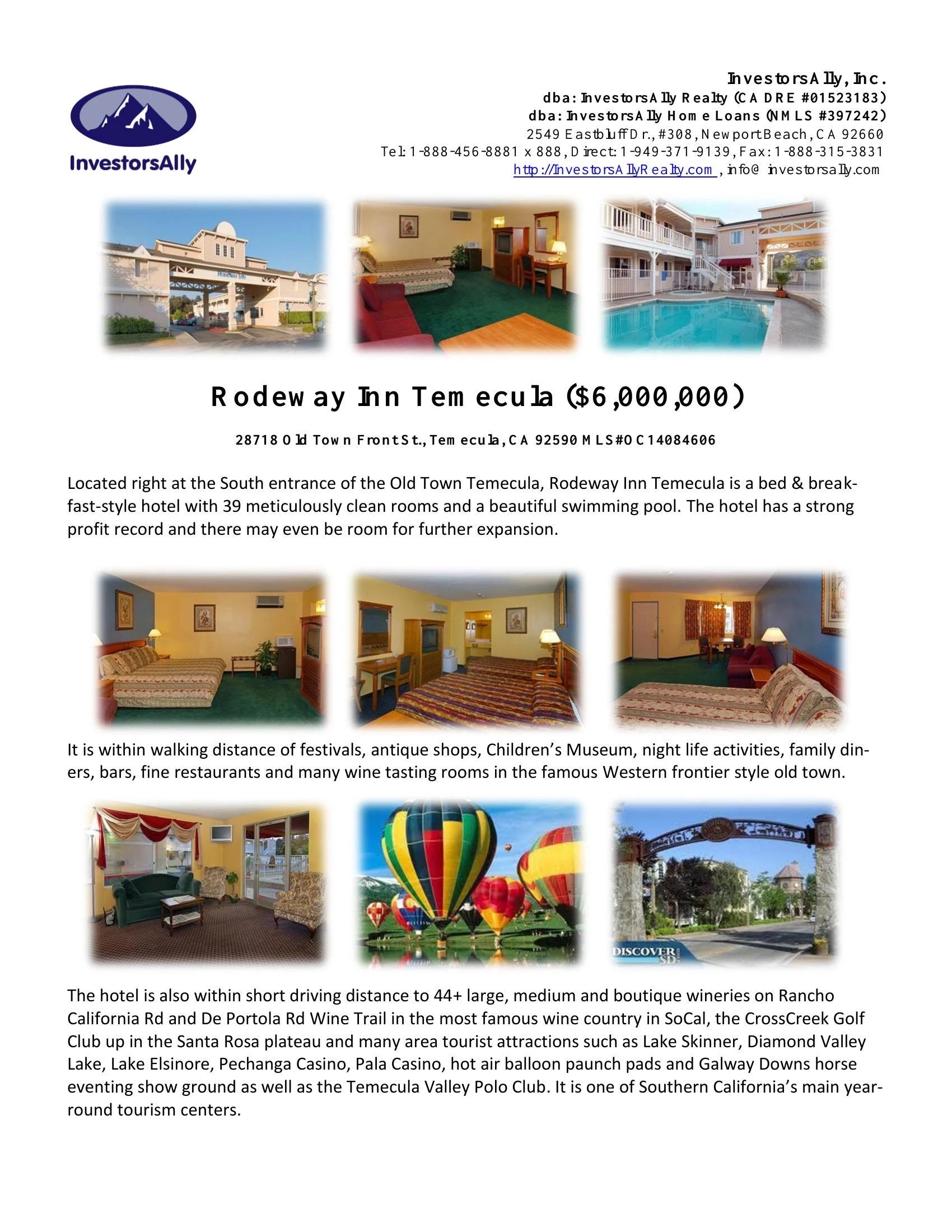 Original brochure for 39-Room Rodeway Inn Franchise Motel at Great Location in Old Town Temecula