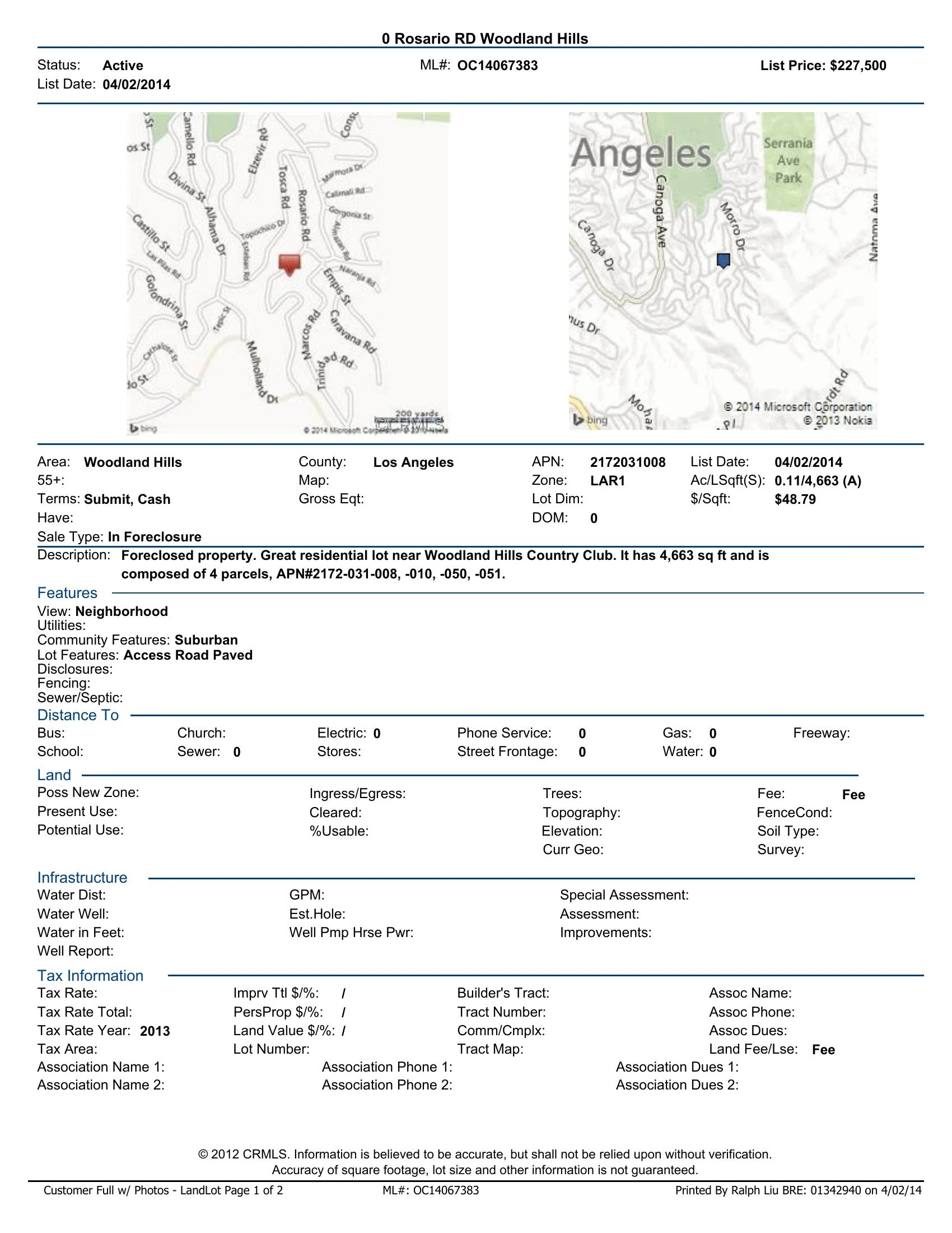 Original brochure for Foreclosed 0.11-acre Residential Lot in Woodland Hills, CA