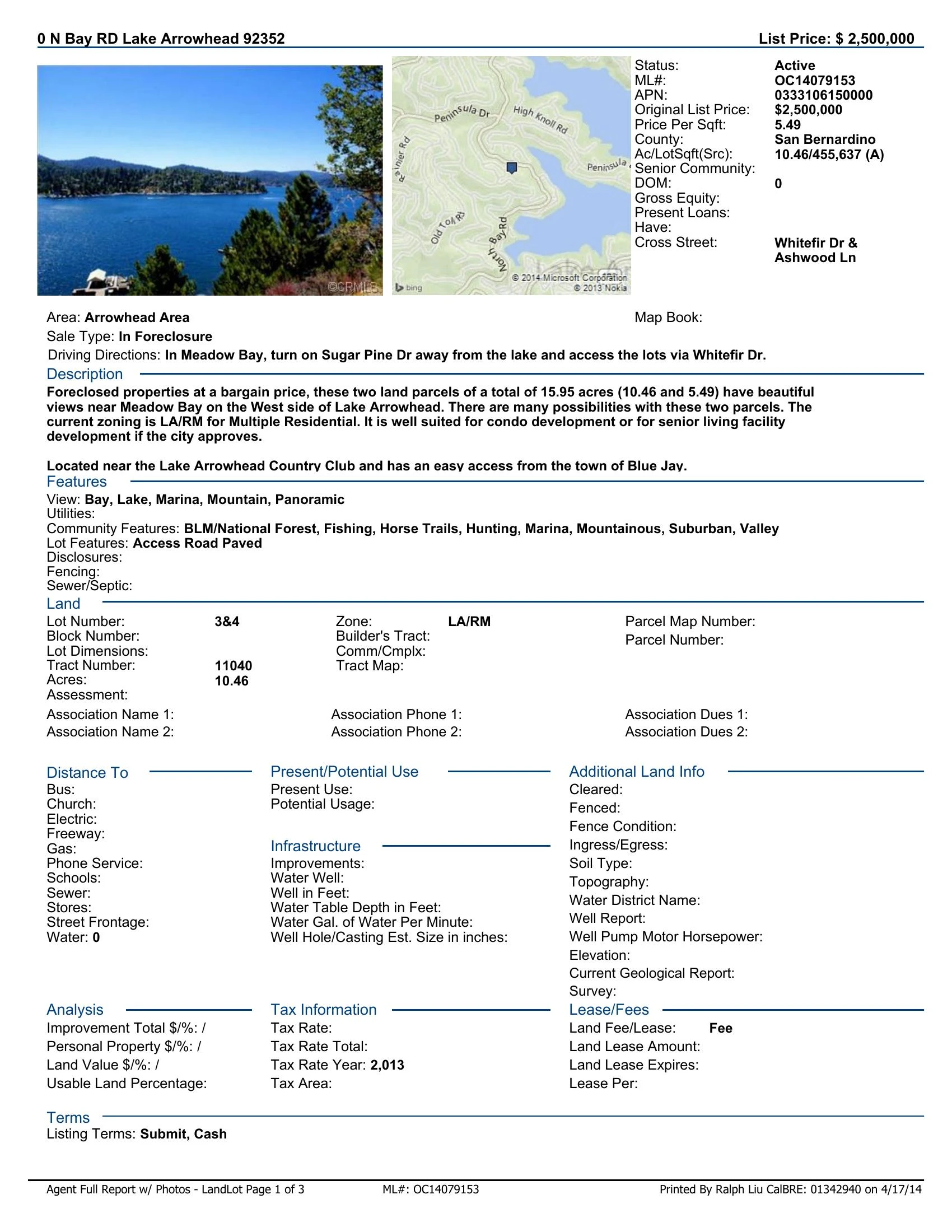 Original brochure for Foreclosed 15.95-acre Multifamily Condos or Assisted Living Facility Development on the Western Shore of Lake Arrowhead