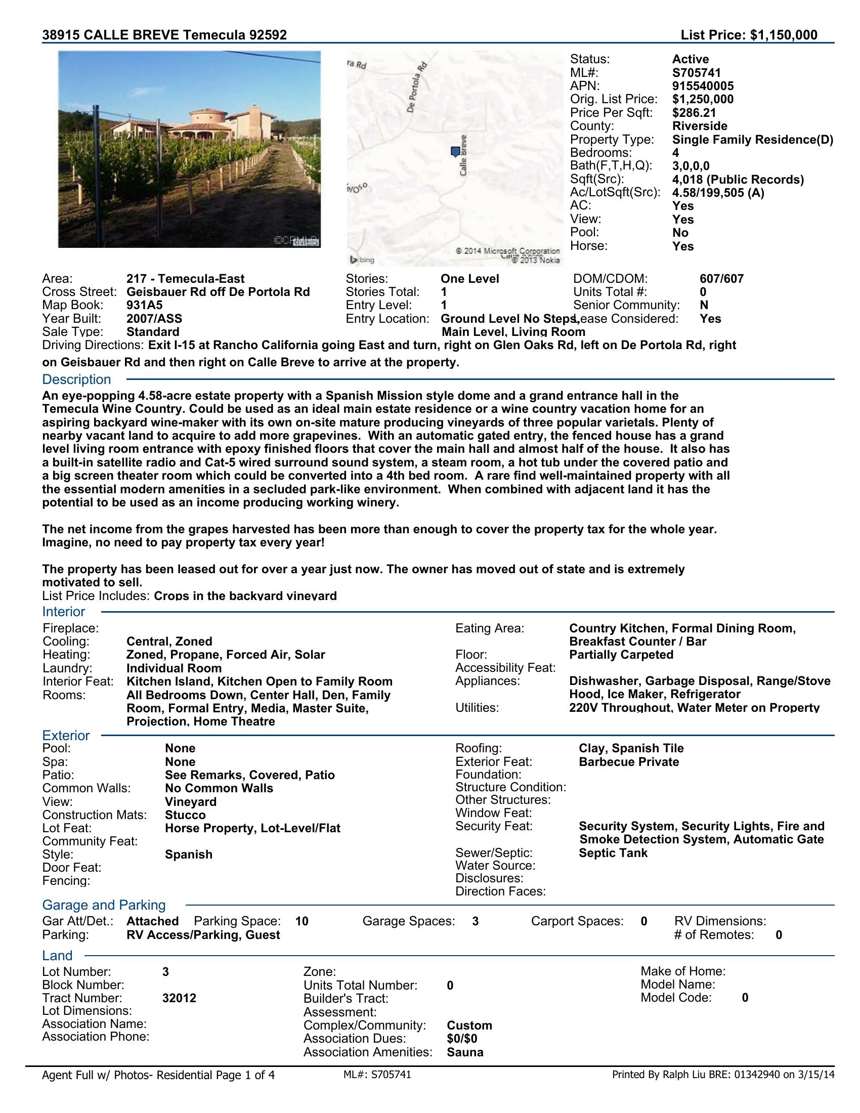 Original brochure for Residential Backyard Vineyards (4.86 acres) with an Estate Home on Calle Breve in Temecula