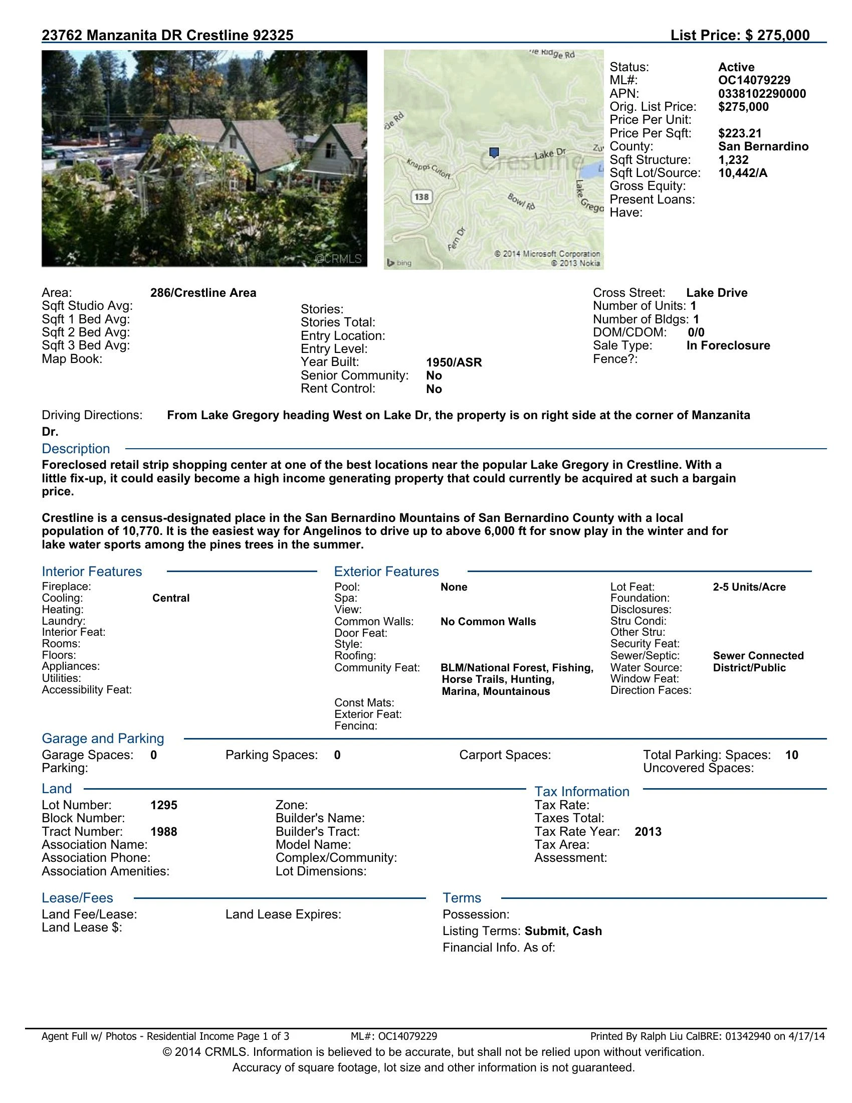 Original brochure for Foreclosed Small Retail Strip Shopping Center (1,232 sq ft) Near Lake Gregory in Crestline, San Bernardino County