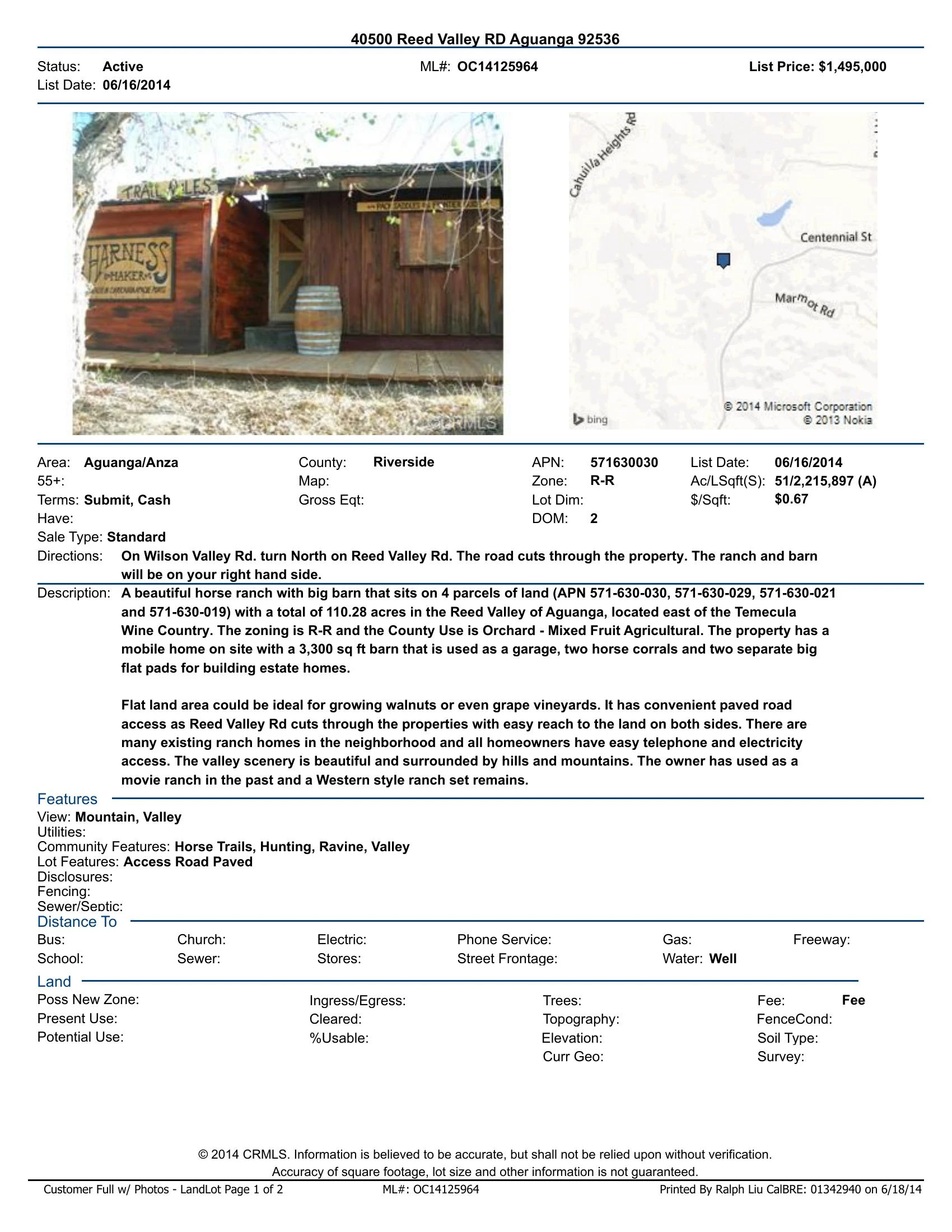 Original brochure for Horse Ranch/Movie Set Ranch on 110.28-acre of Land East of Temecula in Aguanga
