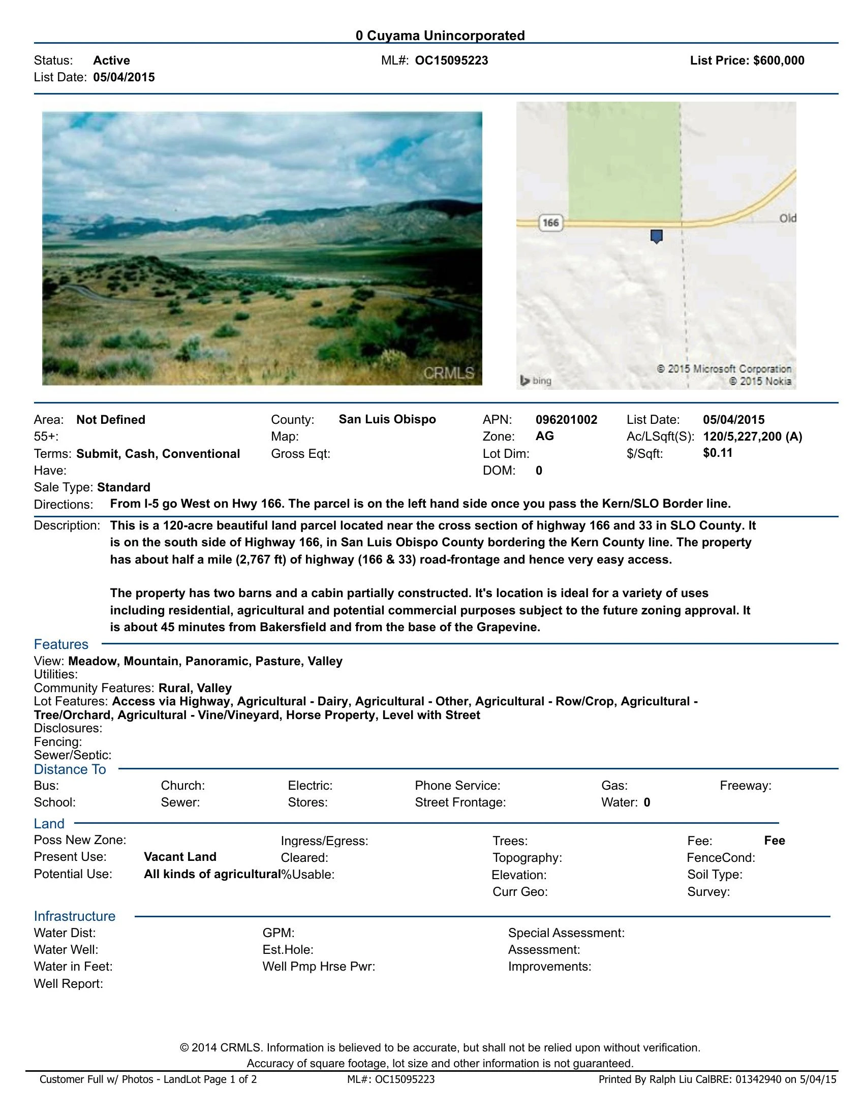 Original brochure for 120-acres of Agricultural Land Parcel Fronting Hwy166 & 33 in San Luis Obispo County